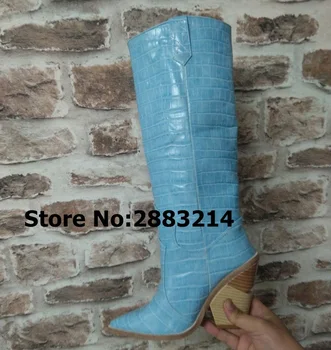 

Hot Sale Women Knee High Motorcycle Boots Autumn Winter Slip-on Pointy Toe Fashion Long Boots Rome Style Crocodile Leather Boots