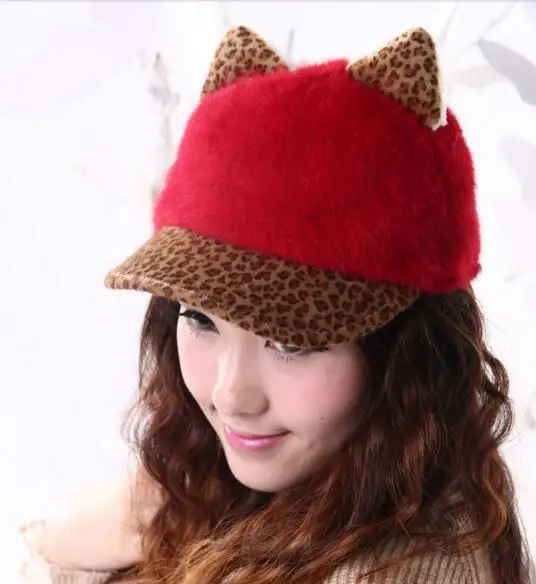 

New Design Rabbit Fur Baseball Cap Women's Cat Ears Peaked Cap Leopard Print Rabbit Fur Hat Women Warm Winter Cap