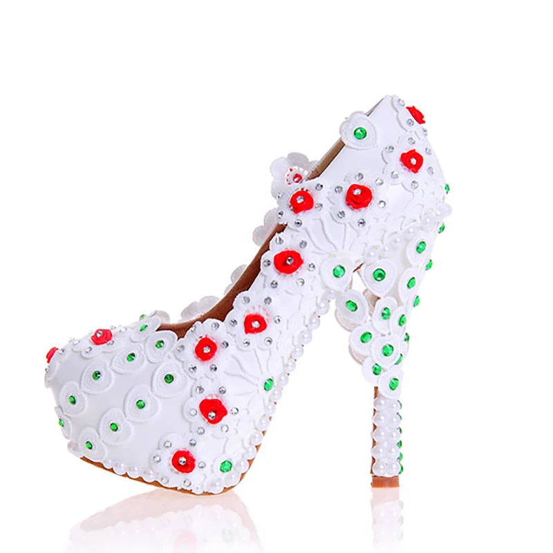 Women Wedding Shoes White Lace Red Flowers Crystal Decor Bridal Party Pearl Pumps Round Toe Super High Heel Lady Rinestone Shoes Women Wedding Shoes White Lace Red Flowers Crystal Decor Bridal Party Pearl Pumps Round Toe Super High Heel Lady Rinestone Shoes