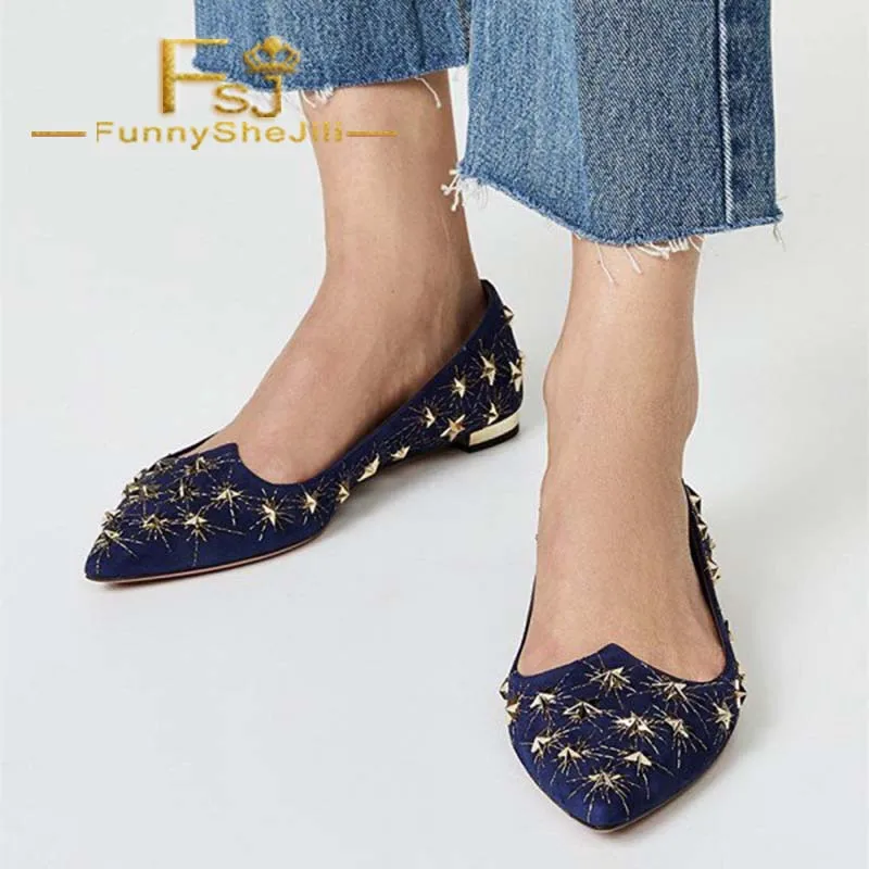 

Navy Stars Studed Pointy Toe Comfortable Flats Summer Autumn Incomparable Anniversary Attractive Generous Black Friday FSJ Sexy