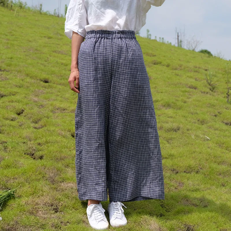Mujeres 2018 De Tela Las Del Verano Femenino Anchos Pantalones Elástico Lino Retro Cintura Señoras Escocesa Pierna Pantalón Plaid Ancho La BFAwxX