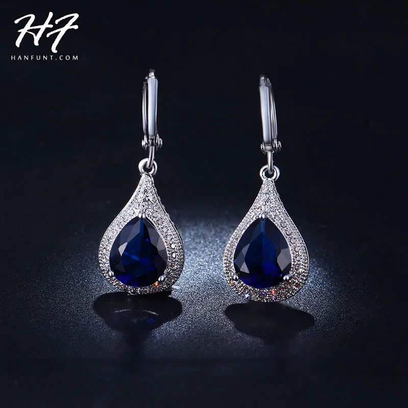 

Silver Color Luxury Cushion Cut Big TearDrop Ocean Blue CZ Crystal Wedding Drop Earrings for Women E824