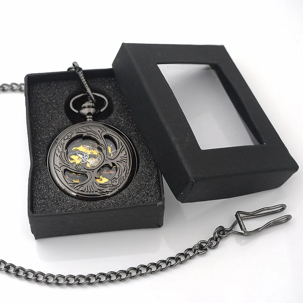Lucky Beetle мужские часы черные Half Hunter Скелет стимпанк карманные часы ручной Ветер Механические карманные часы Reloj de bolsillo