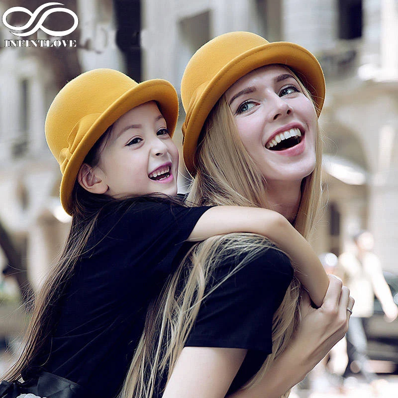 

LUCKYLIANJI Fashion Parent-child Women/Kid Child Girl Bowknot Caps Trendy Cloche Derby Spring Autumn Winter Warm Chic Bowler Hat