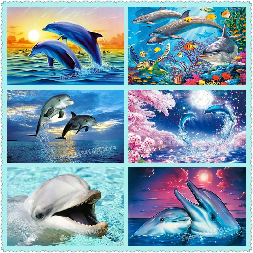 

Diamond Painting Dolphin Sunset Scene Icon Full Square 3D Diamond Embroidery Mosaic Rhinestone Animal Decorative Painting