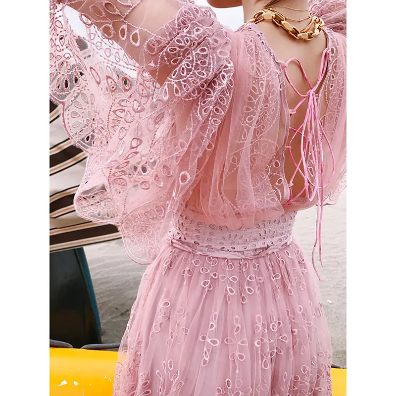 

new dresses 2019 mesh embroidery dress curved wrap v neck string lace up bare back half sleeve a line pink long dress