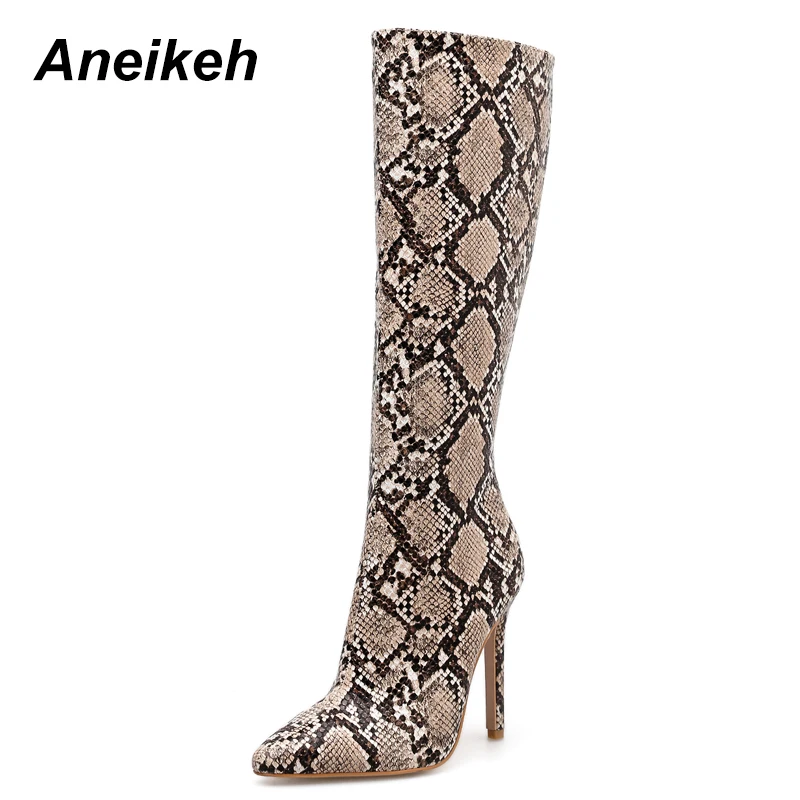 

Aneikeh Spring/Autumn Boots Leopard print Pattern Knee-High Pointed Toe Lace Up Thin High Heels Shoes Sexy Fashion Chelsea Boots