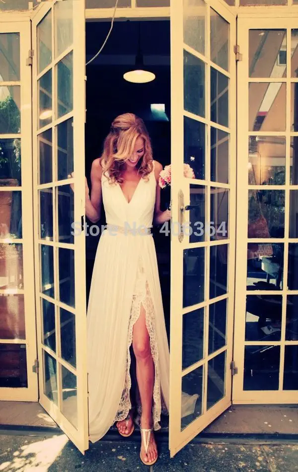 Hot &amp Elegant 2014 White Chiffon V-Neck Lace Off The Shoulder Prom Dresses Open Leg Long Evening Dress | Свадьбы и торжества