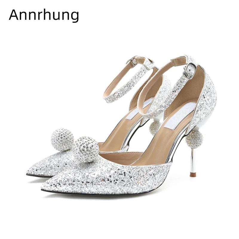 

Glitter Crystal Jewelled Ball High Heel Pumps Women Pointed Toe Ankle Strap Shoes Rhinestone Wedding Shoes Chaussures Femme