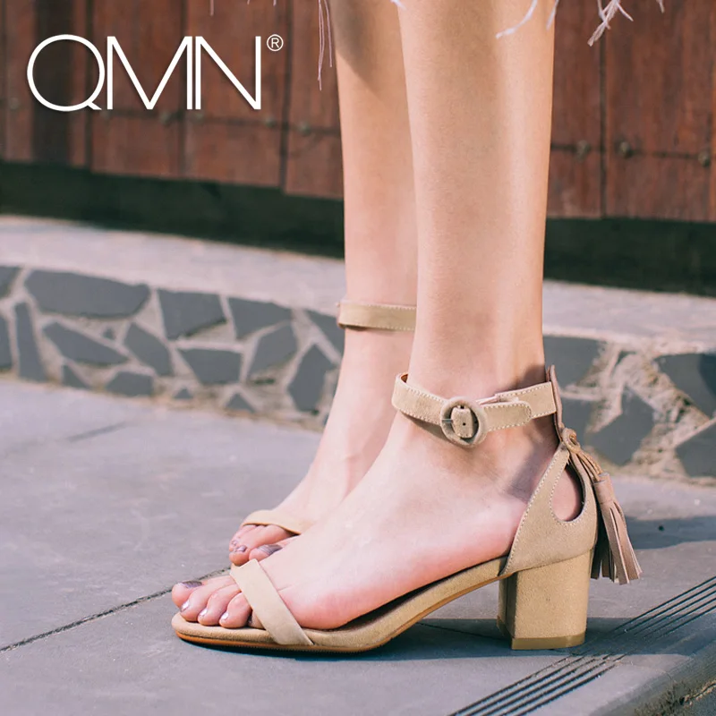 QMN women genuine leather sandals Women Tasseled Ankle Strap Summer Leisure Shoes Woman Natural Suede Block Heels Sandals 34-42