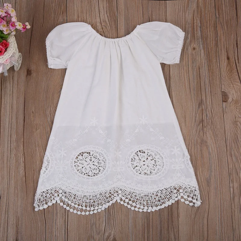 

Adorable Toddler Kid Baby Girls Clothing Short Puff sleeve Hollow Floral Sweet Lace Straight Dress Casual White Summer Sundress
