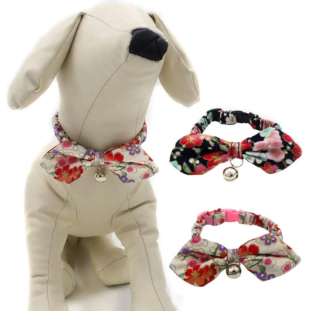

Puppy Dog Flower Print Bowknot Bell Fold Collar Necklace Pet Neck Band Strap