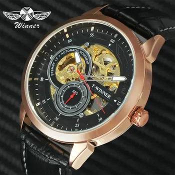 

WINNER Automatic Watches Men Rose Golden Skeleton Mechanical Man Watch Top Brand Luxury Leather Strap Casual Wristwatch Male