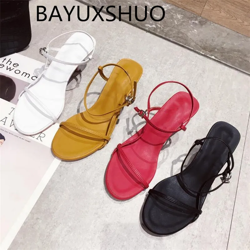

BAYUXSHUO New Roman Style Ladies High Heel Sandals Solid Color Buckle Open Toe Stiletto Heels Summer Fashion Casual Women Shoes