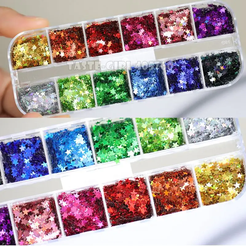  12 Grids/Set High Quality 12 Colors Mix 3 Sizes Glitter Holographic Pentagram Stars Sequin Nail Art