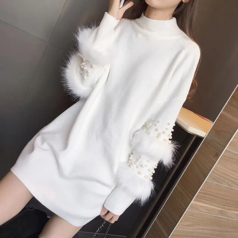 Women Winter Faux Fur Sweater Fashion Pearls Turtleneck Knitted Pullover Female Rabbit Fur Embellish Long Sweaters jumper - Цвет: white