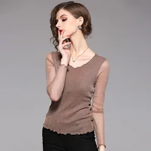 Европа Новинка 2108 Весна Женская мода o-образным вырезом с длинным рукавом сексуальные прозрачные под рубашки женская футболка с рукавом бабочки Топы хит