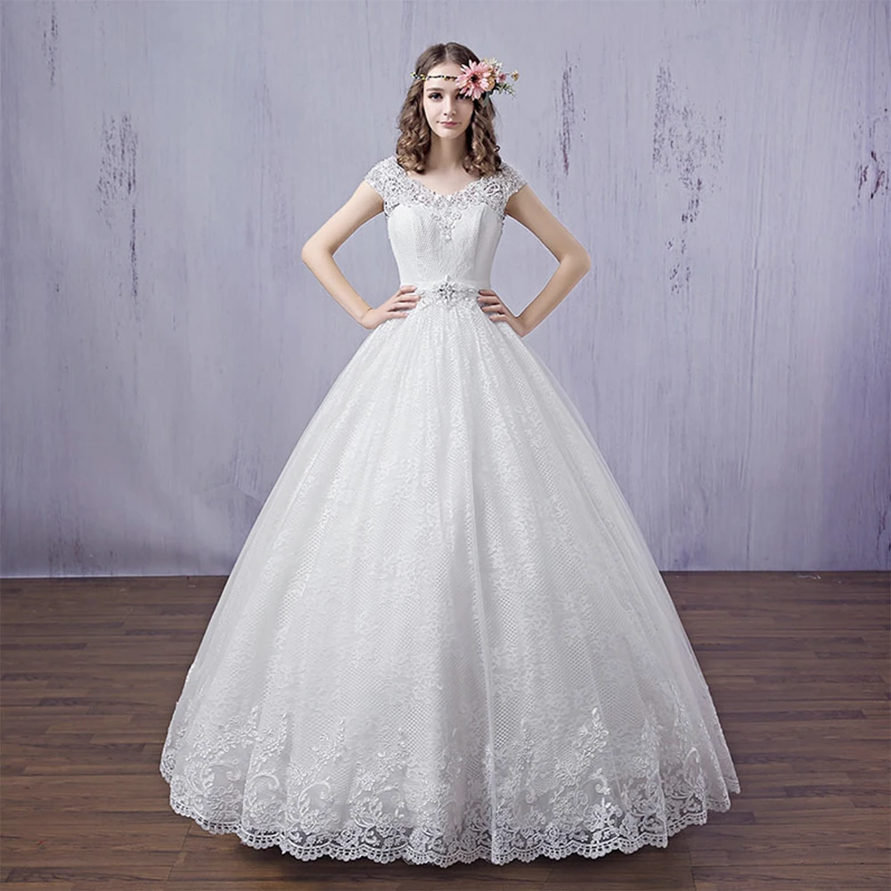 

Fansmile 2019 Vestido De Noiva Double Shoulder V Neck Ball Wedding Dresses Vintage Lace Bridal Tulle Mariage FSM-636F