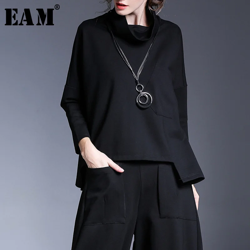 

[EAM] 2019 New Spring High Collar Long Sleeve Solid Color Black Irregular Split Joint Big Size Sweatshirt Women Fashion JC9210