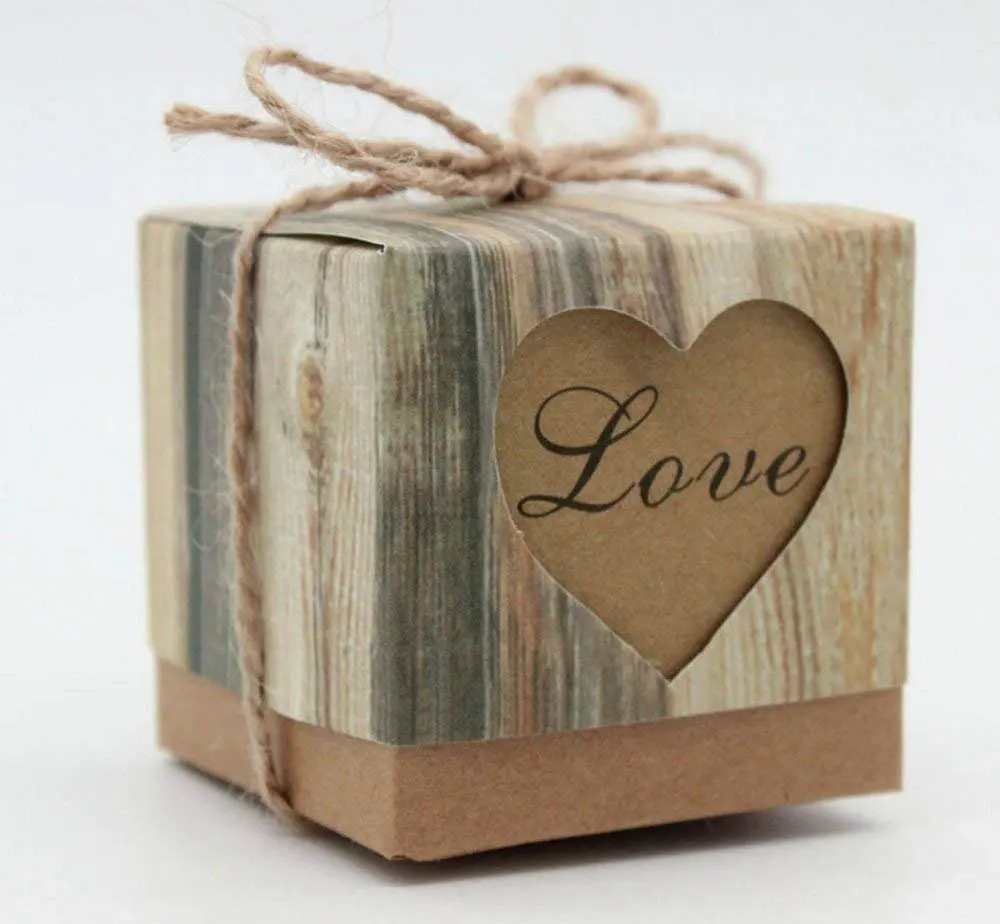 METABLE 50 pcs Romantic Heart Vintage Kraft Candy Box with Burlap Twine Chic for Wedding Decoration