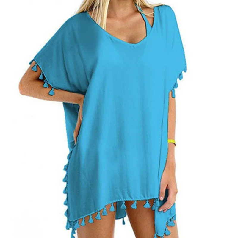Синий Summer Women Ladies Bikini Cover Up Bathing Suit Tassel Chiffon Solid Short Beach Dress V-neck Swimwear - Цвет: Синий