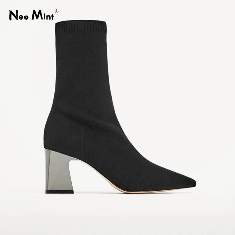 

2019 Autumn Winter Women Boots Slim Stretch Sock Boots Pointed Toe Silver Heels Ankle Boots for Women Square Heel Shoes Woman