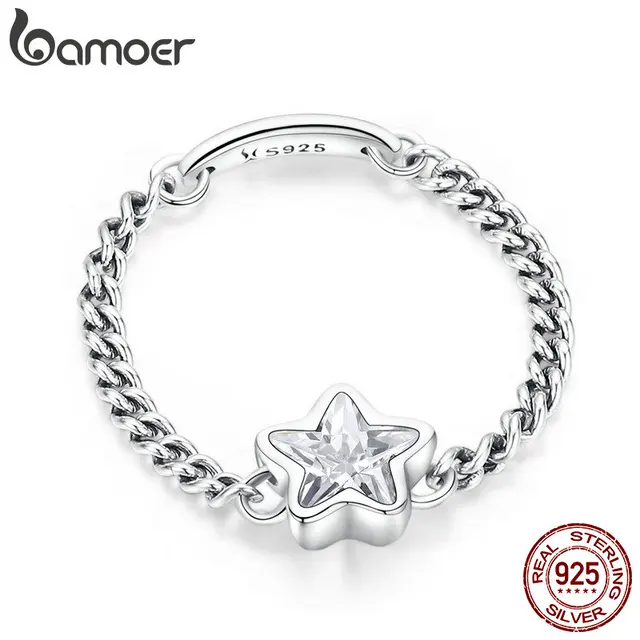 BAMOER Authentic 925 Sterling Silver Sparkling Star Finger Ring Link Chain Rings for Women Sterling Silver Jewelry anel SCR435