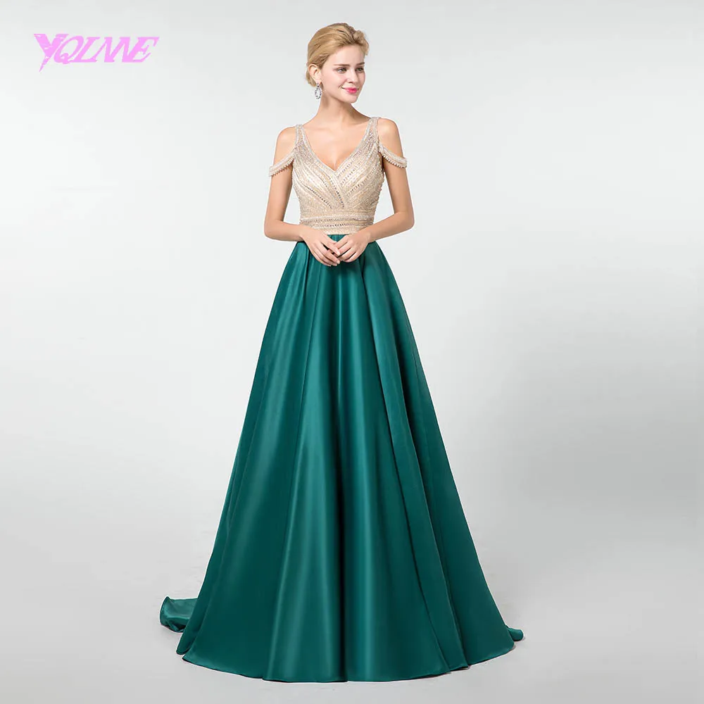 

YQLNNE Dark Green Satin Prom Dresses Long 2019 Formal Dress Crystals Backless YQLNNE