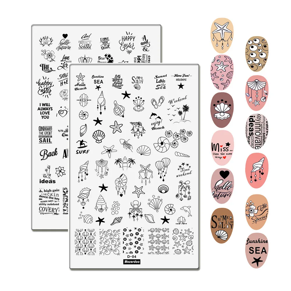 

2Pcs Weekend Surf Theme Nail Stamping Plates Sea English Letter Words Creative Nail Art Template Image Stamping Plates Set