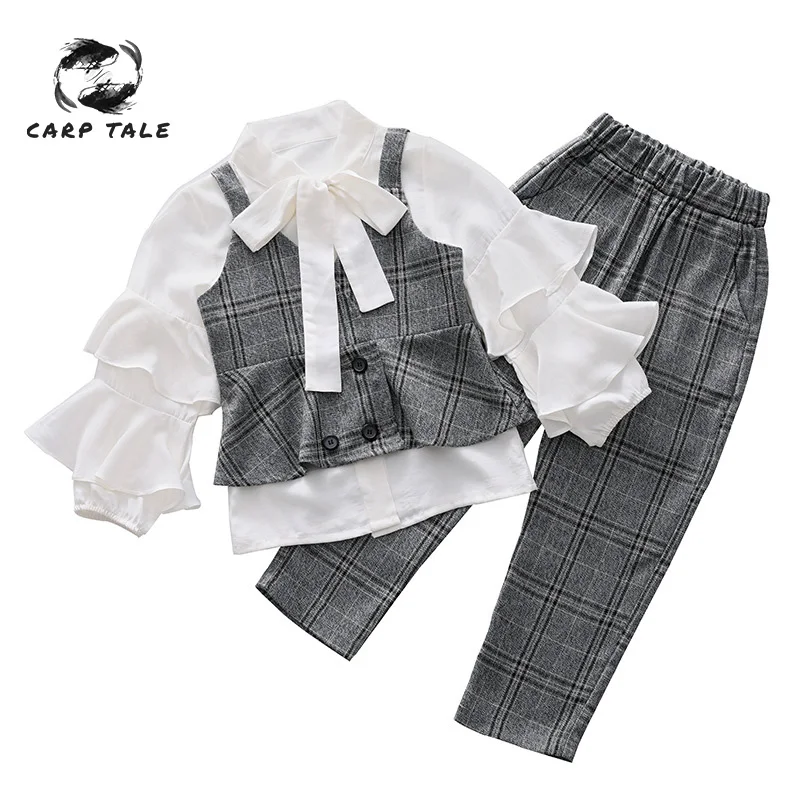 

2019 autumn and winter girls clothing suit children formal occasion clothing fashion lattice lapel trumpet sleeve three-piece