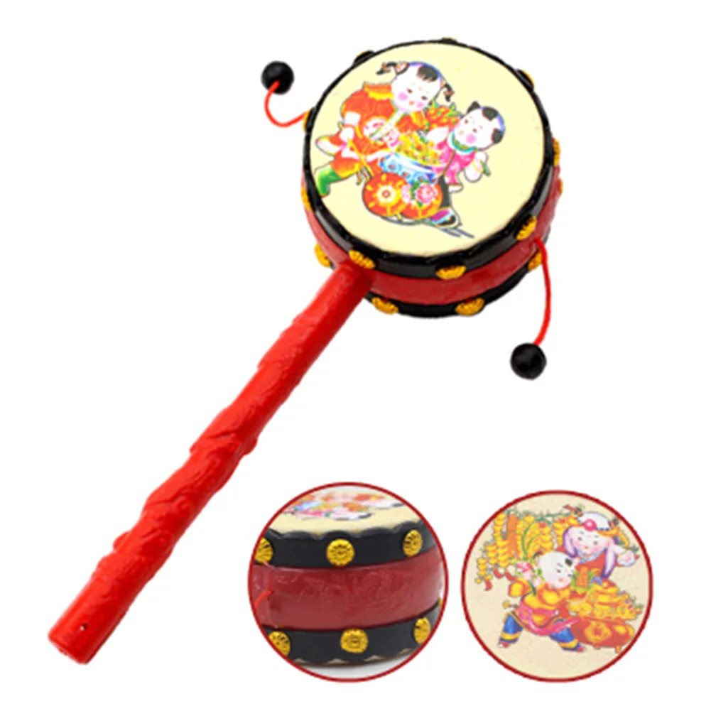 China Printed Lucky Wooden Rattle Pellet Drum Cartoon Musical