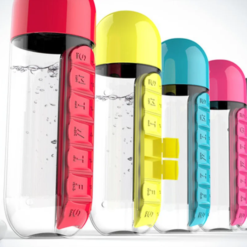 

600ml Bpa Free Tritan Convenient Plastic Water Bottle With Daily Pill Box Organizer Drinking Sports Tour Hiking Bottles