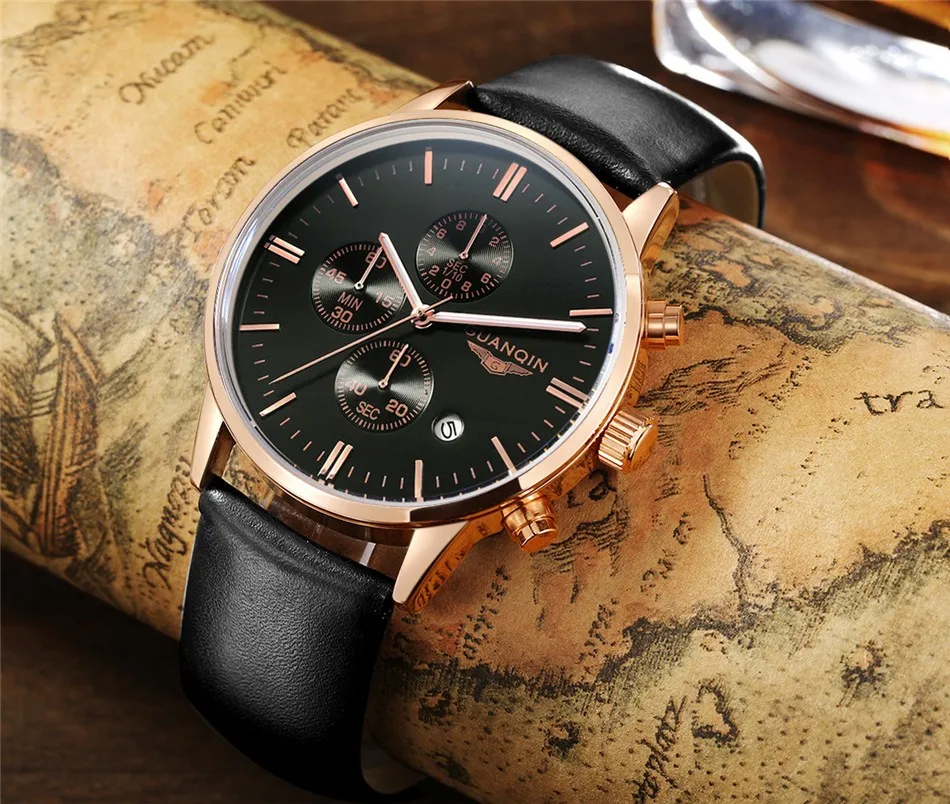 GUANQIN Quartz Watch Mens Watches Top Brand Luxury Chronograph Clock Men Sport Waterproof Leather Wristwatch relogio masculino
