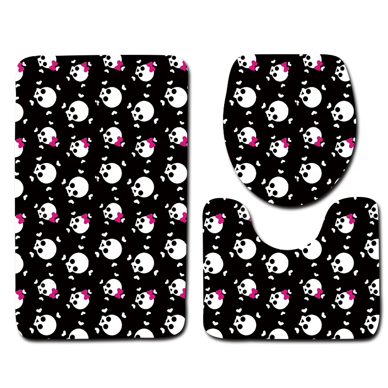 3pcs Memory Foam Toilet Mat Sets Black White Bow with Pink Bow Pattern