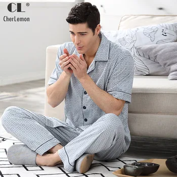 

CherLemon 2017 New Mens Summer Cotton Pyjamas Comfy Short Sleeve Tops & Long Pants Pajama Set Classic Male Sleepwear Plus Size