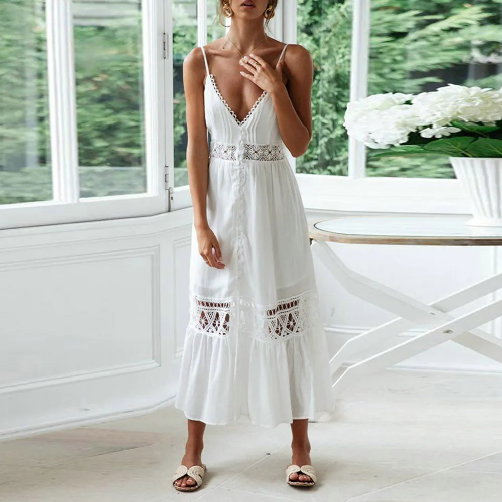 White Summer Dress Women Casual Solid Long Dress V Neck Lace Patchwork ...