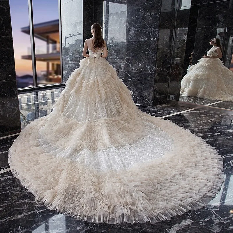 Robe De Mariee роскошное бальное платье цвета шампанского свадебное платье пышное свадебное платье принцессы Дубаи с длинным хвостом Vestido De Noiva