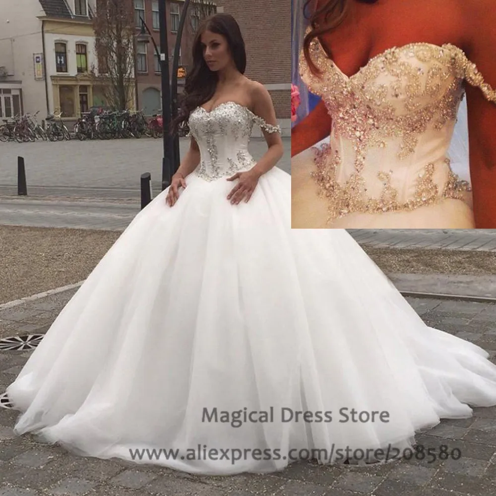 Halloween Wedding Gowns 2016 Bling Corset Ball Gown Crystal Arabic Bridal Dresses Off the Shoulder Beaded