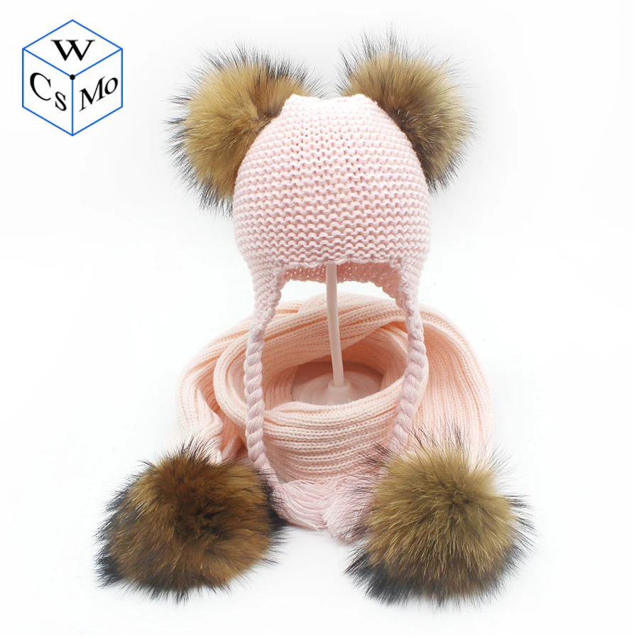 

Children Hats Scarf Set For Boys Girls 1-3Y Popular Pom Pom Pigtail Winter Warm Beanie Hats