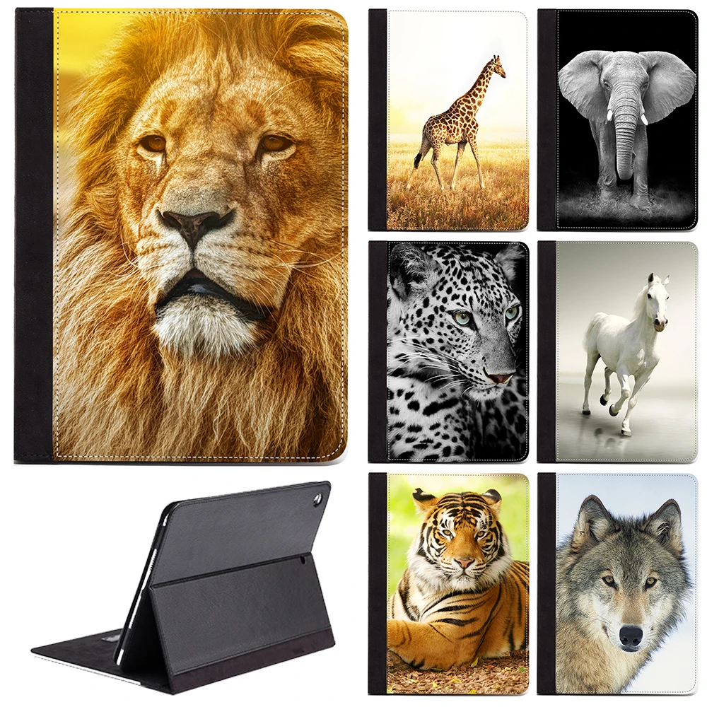 

Wild Animal Pattern Elephant Lion Wolf Horse Panther Tiger Cool PU Leather Case Stand Cover For Apple iPad 2 3 4 Generations
