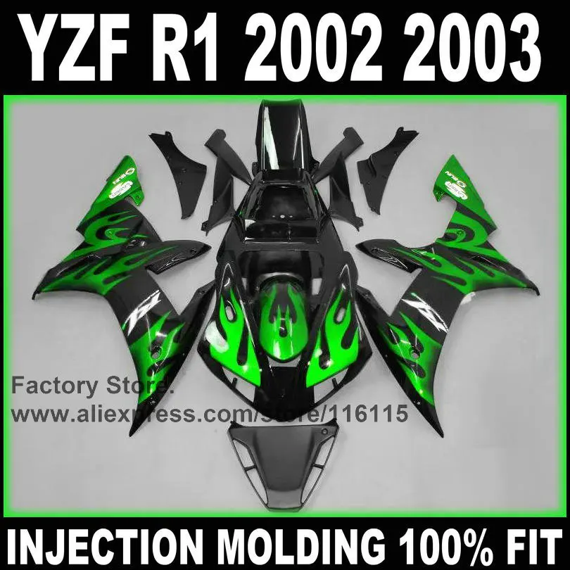 

MOTOMARTS Motorcycle 100% Full injection fairings kit for YAMAHA 2002 YZF R1 2003 R1 02 03 green flame ABS factory fairing set