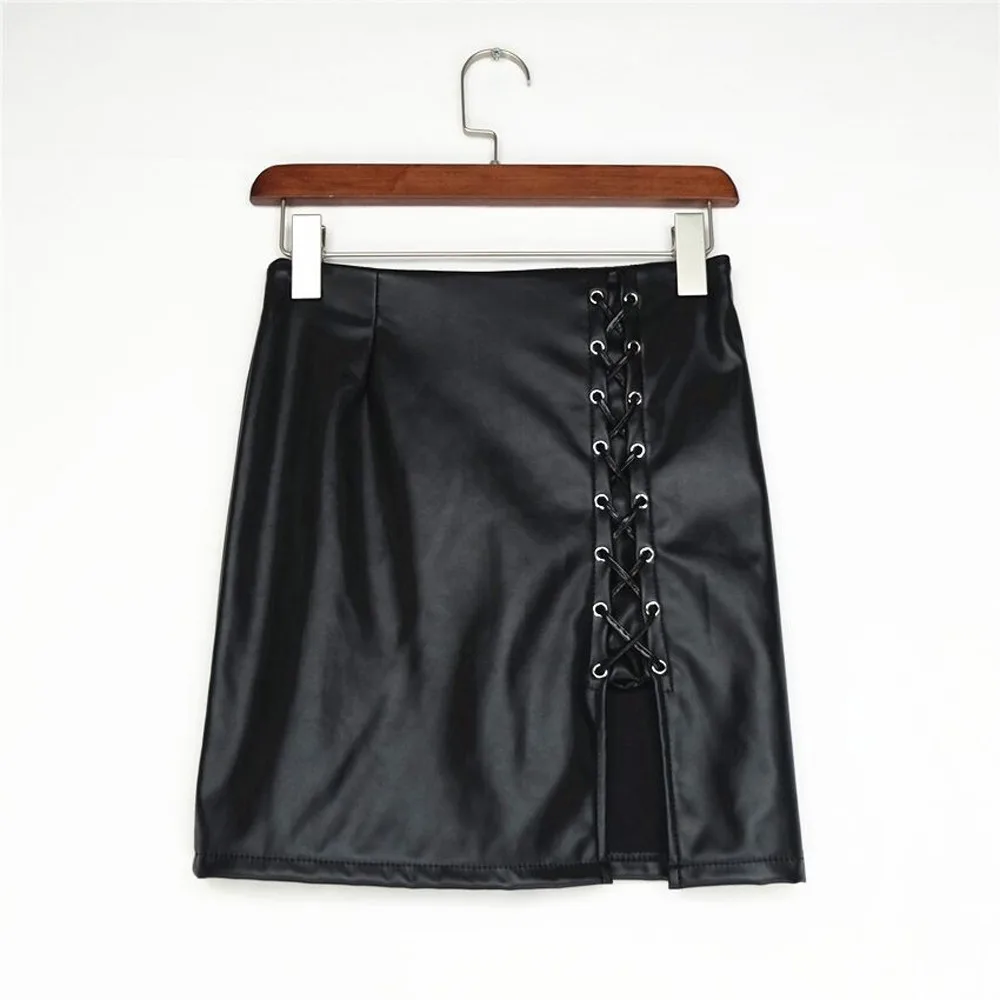 

Fashion Women Sexy Summer Skirts Solid Bandage Package Hip Mini Short Skirt Female Bodycon High Waist Faux Leather Mini Skirt
