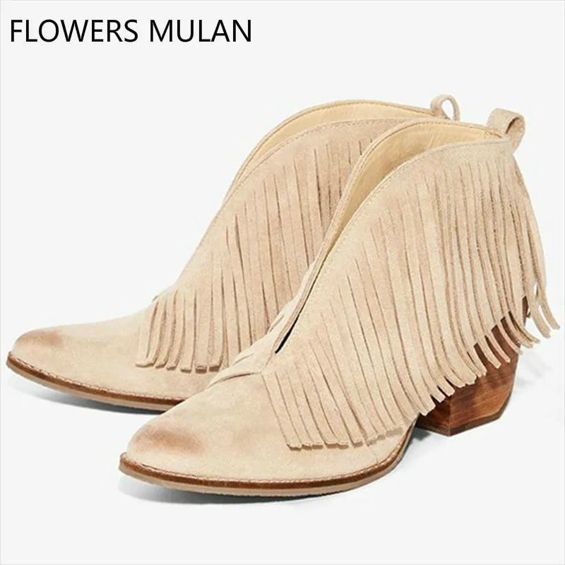 

Botines Mujer 2018 New V-cut Front Fringed Beige Black Suede Block High Heels Ankle Boots Slip On Fashion Woman Shoes Big Sales