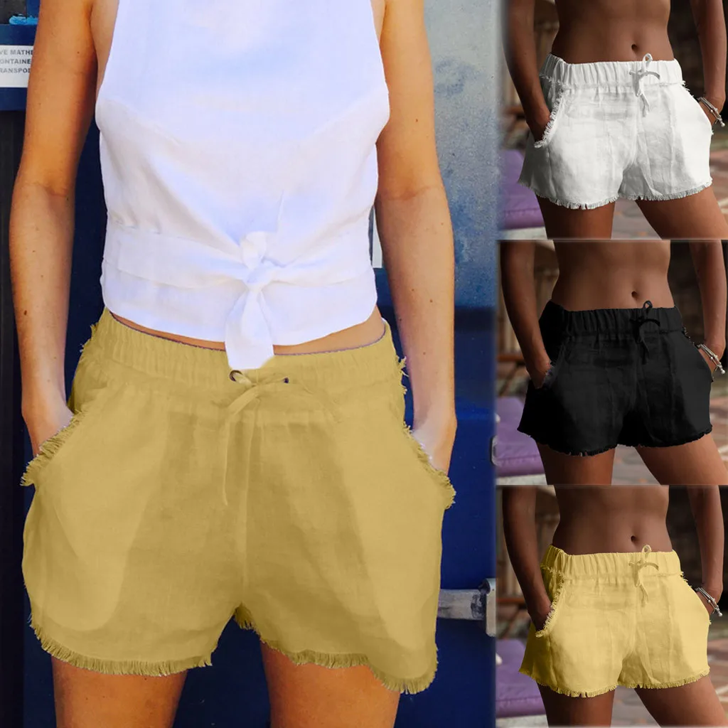 Feitong/льняные женские шорты с бахромой цвета размера плюс, женские шорты с карманами, летние шорты, pantalones corto para mujer