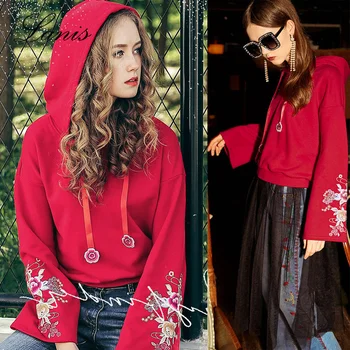 

Women's Clothing In Autumn and Winter 2018 Long Sleeve Hooded Embroidered Horn Sleeve Casual Fashion Embroidered Red Hoodie