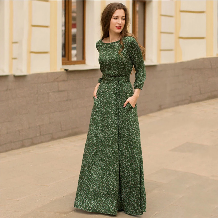 

Print Slim Floor-Length Dresses Women Vintage Floral Loose 3/4 Sleeve Elastic Waist Long Dresses Spring Lady Elegant Party Dress
