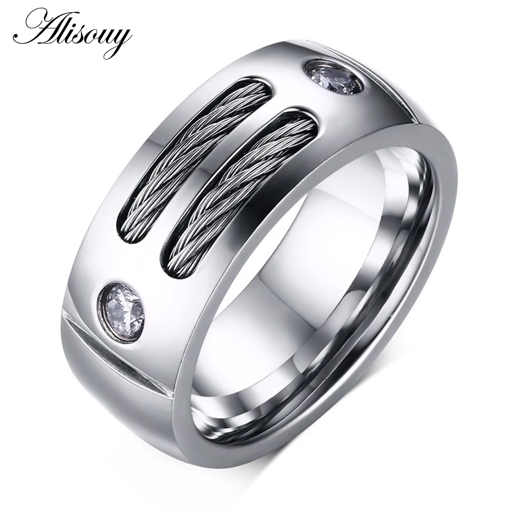 Alisouy 1 piece Men's Ring Stainless Steel Punk Rock Ring With Wire Cubic Zirconia Party Jewelry USA Size 8 9 10 11 12