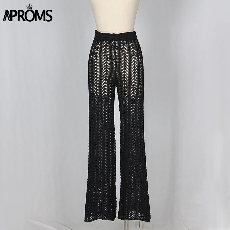 Aproms, элегантные трикотажные брюки-Капри для фитнеса с высокой талией, женские летние сексуальные длинные штаны на шнуровке - Цвет: Черный