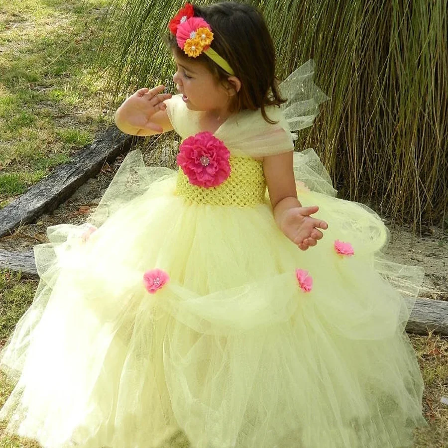 Yellow Princess Belle Tutu Dress The Beauty and the Beast Inspired Girls Birthday Party Dress Kids Photo Cosplay Costumes Vestidos (7)