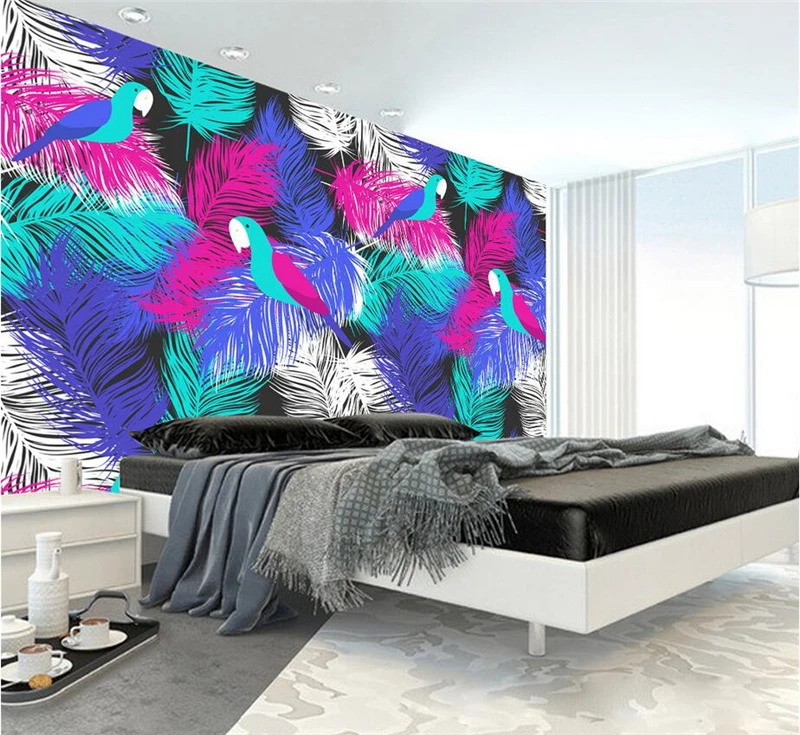 

Custom 3d Wall Paper Hand Painted Color Feather Parrot Wall Mural Wallpaper Embossed Non-Woven TV Background Study Restaurant